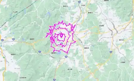 飯塚事件資料：誘拐場所と認定された三叉路付近から車5分・10分・15分の推測移動圏拡大図