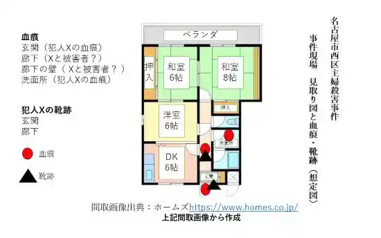 名古屋市西区主婦殺害事件事件現場見取り図と血痕靴跡想定図