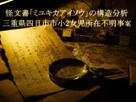 Dimly lit desk with old handwritten papers and a magnifying glass; Japanese text overlay about analyzing a mysterious document.