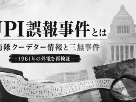 Black-and-white infographic with Japanese text about the UPI misinformation incident, mentioning rechecking 1961 foreign dispatch; foreground shows a rolled paper, magnifying glass, and a government building in the background.