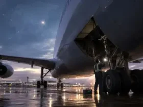 Wide view of a large aircraft on a wet tarmac at sunset, ground crew inspecting the landing gear under the wing.