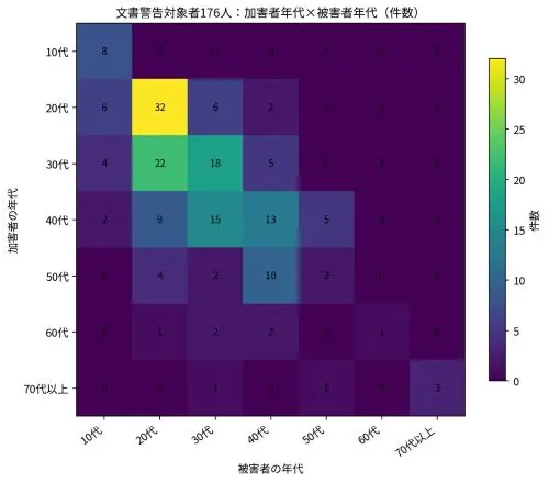 図4　文書警告対象者176人：加害者年代と被害者年代のクロス集計