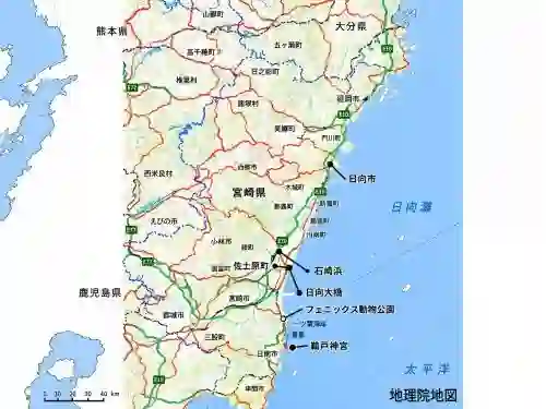 Informational map of a southern coastal region in Japan showing roads, cities, and coastline with scale bar and sea to the east.